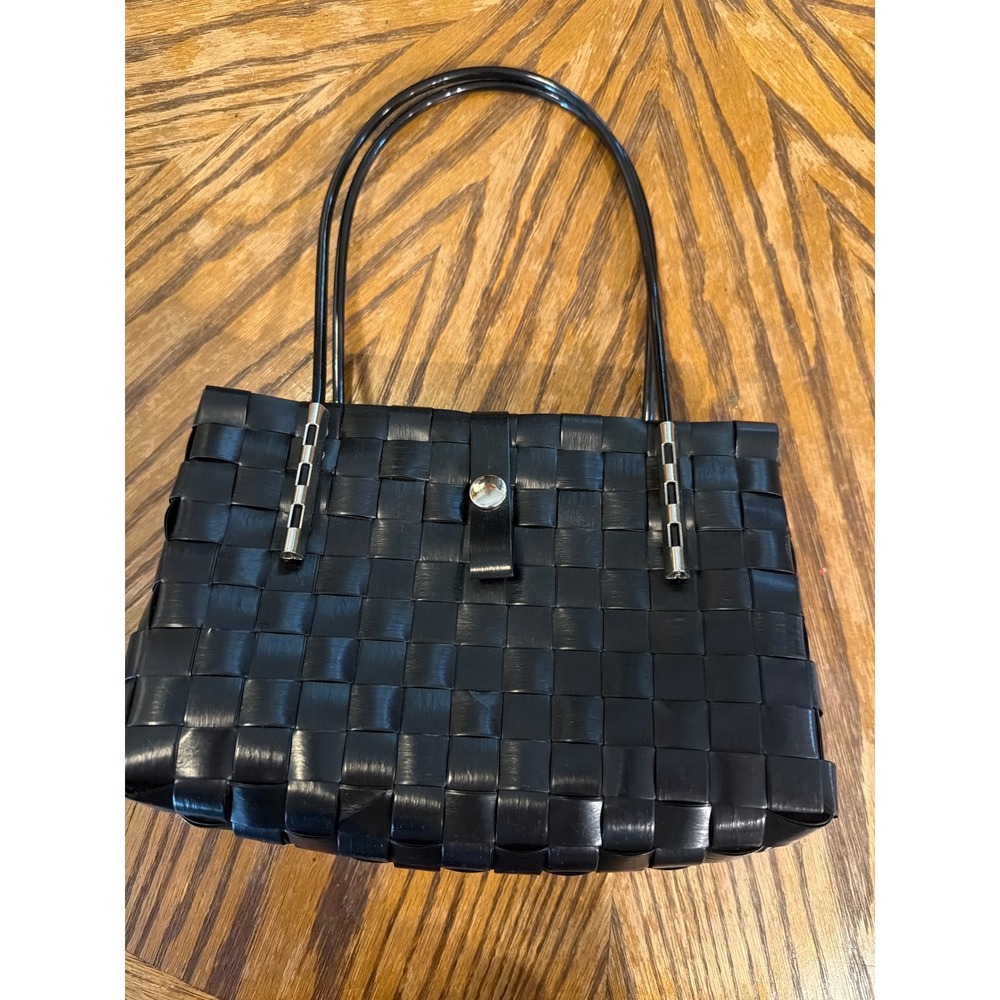 Black Woven Basket Handbag Structured Double Handle Snap Closure Mini Bag